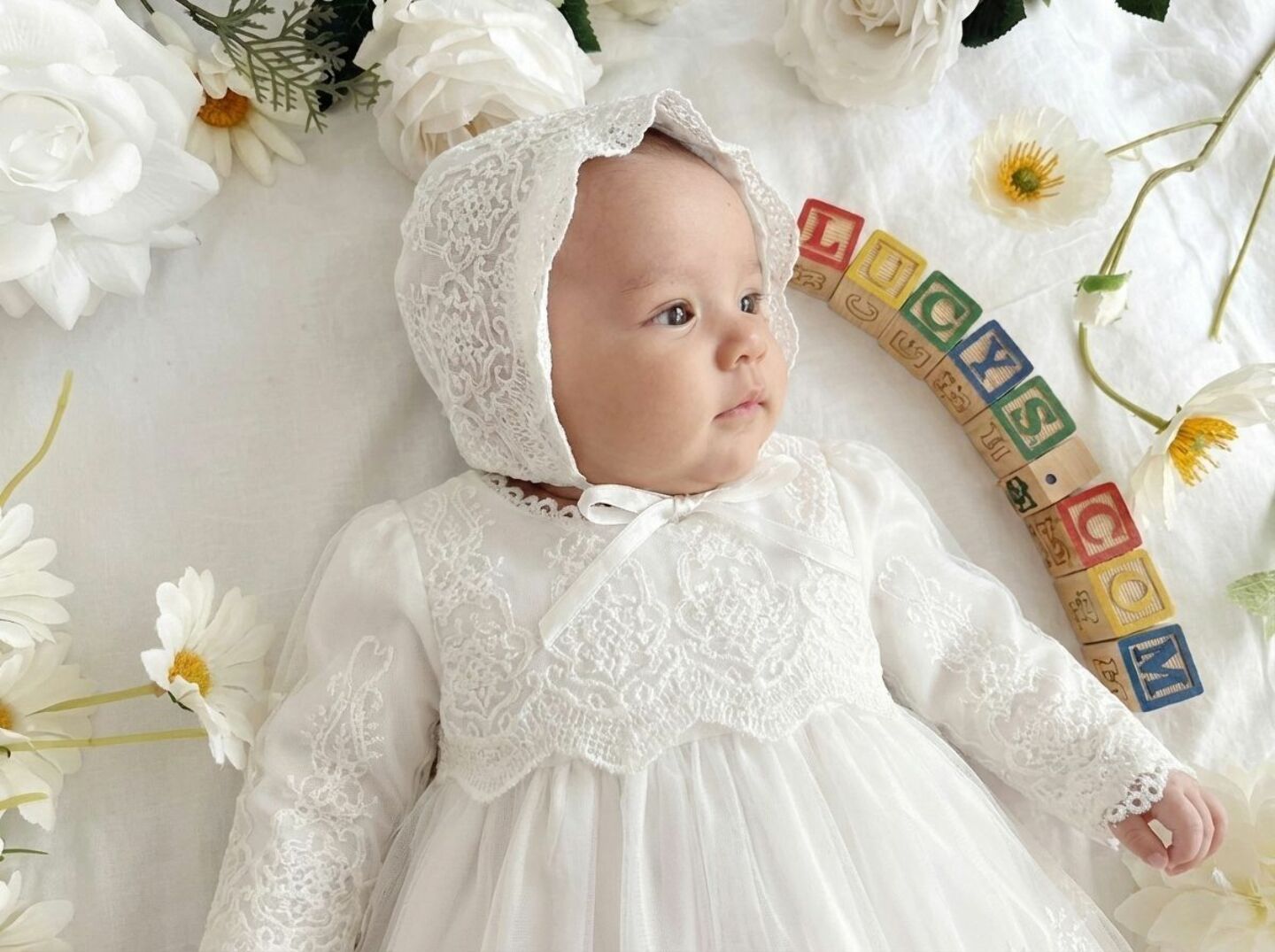 Jane White Lace Baby Christening Dress & Bonnet Set | Lucys