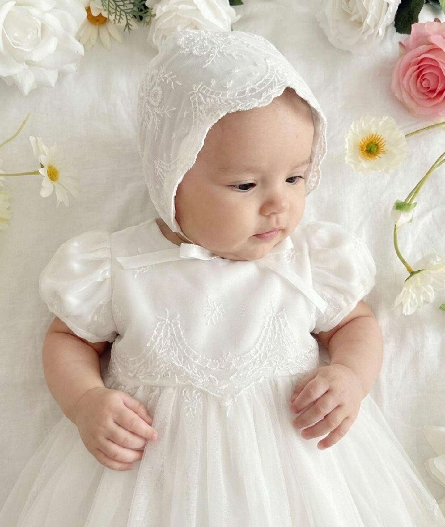 Kristin White Lace Baby Christening Dress & Bonnet Set | Lucys