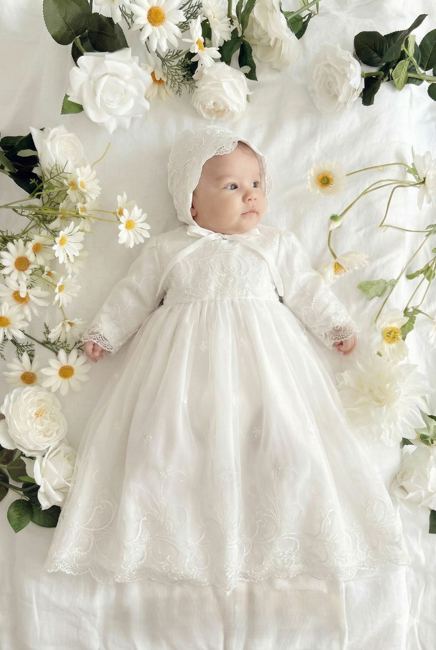 Grace White Lace Baby Christening Dress & Bonnet Set | Lucys