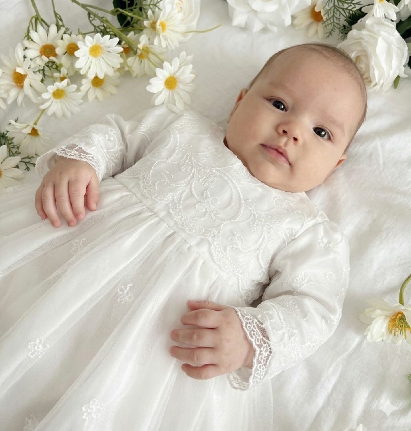 Grace White Lace Baby Christening Dress & Bonnet Set | Lucys