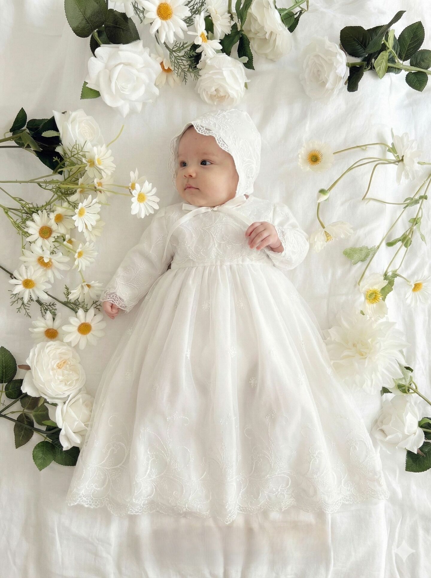 Grace White Lace Baby Christening Dress & Bonnet Set | Lucys