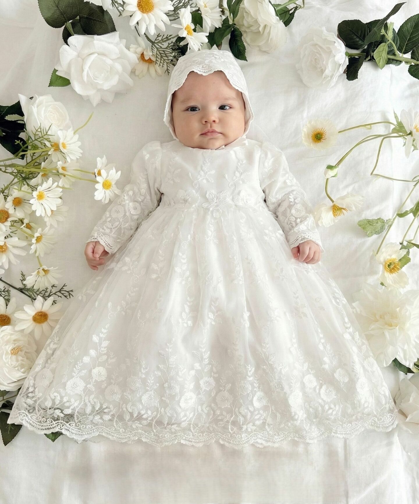 Naomi White Lace Baby Baptism Dress & Bonnet Set | Lucys