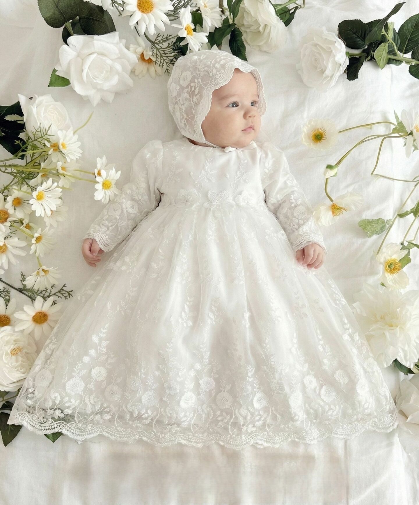 Naomi White Lace Baby Baptism Dress & Bonnet Set | Lucys