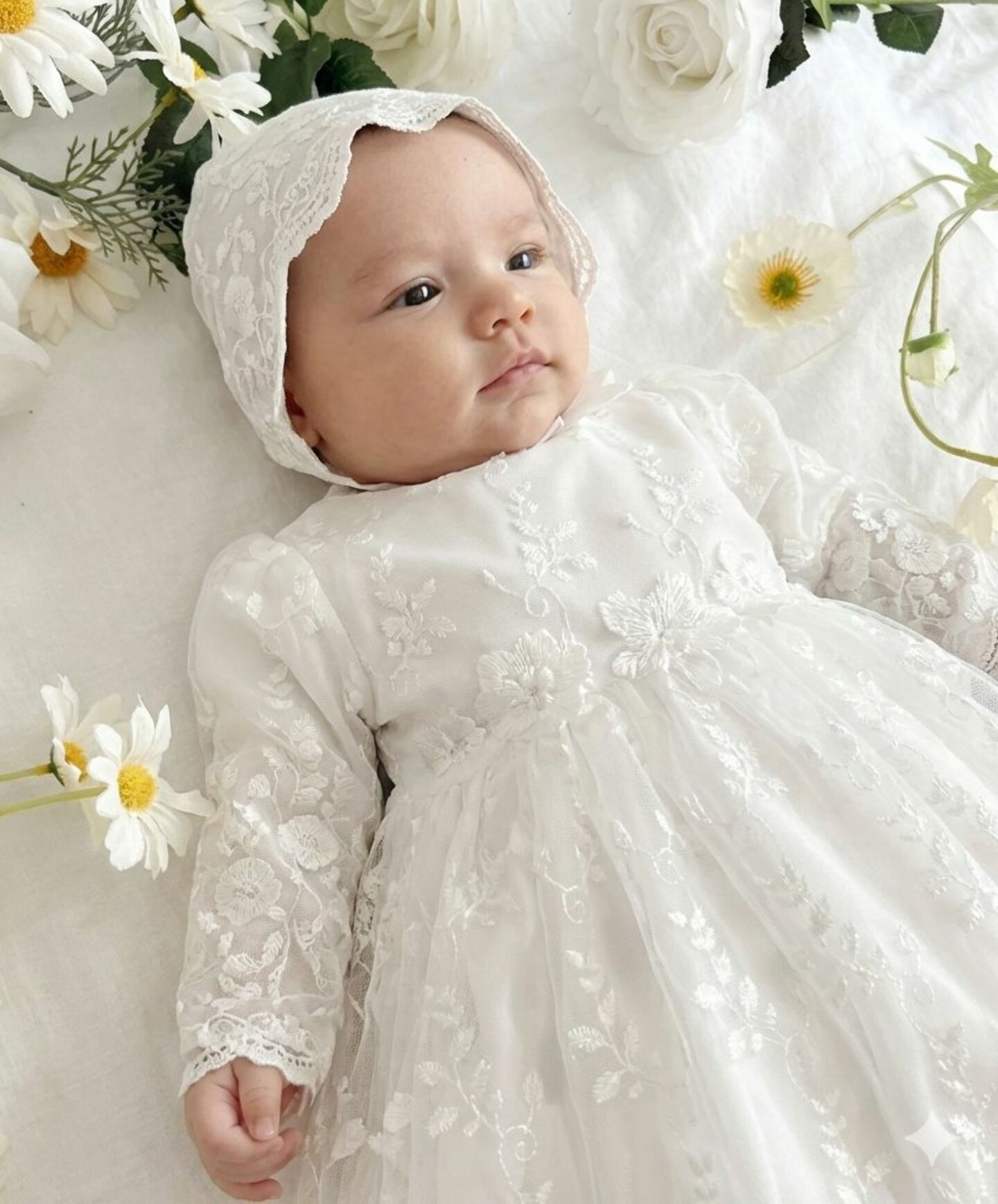 Naomi White Lace Baby Baptism Dress & Bonnet Set | Lucys