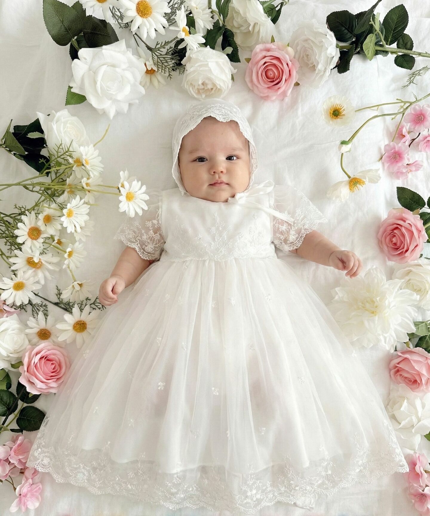 Judith White Lace Baby Christening Dress & Bonnet Set | Lucys