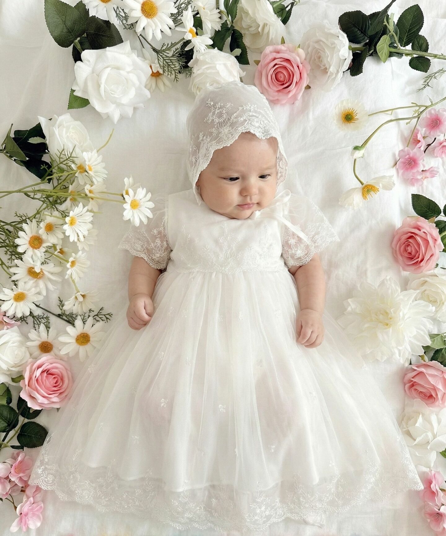 Judith White Lace Baby Christening Dress & Bonnet Set | Lucys