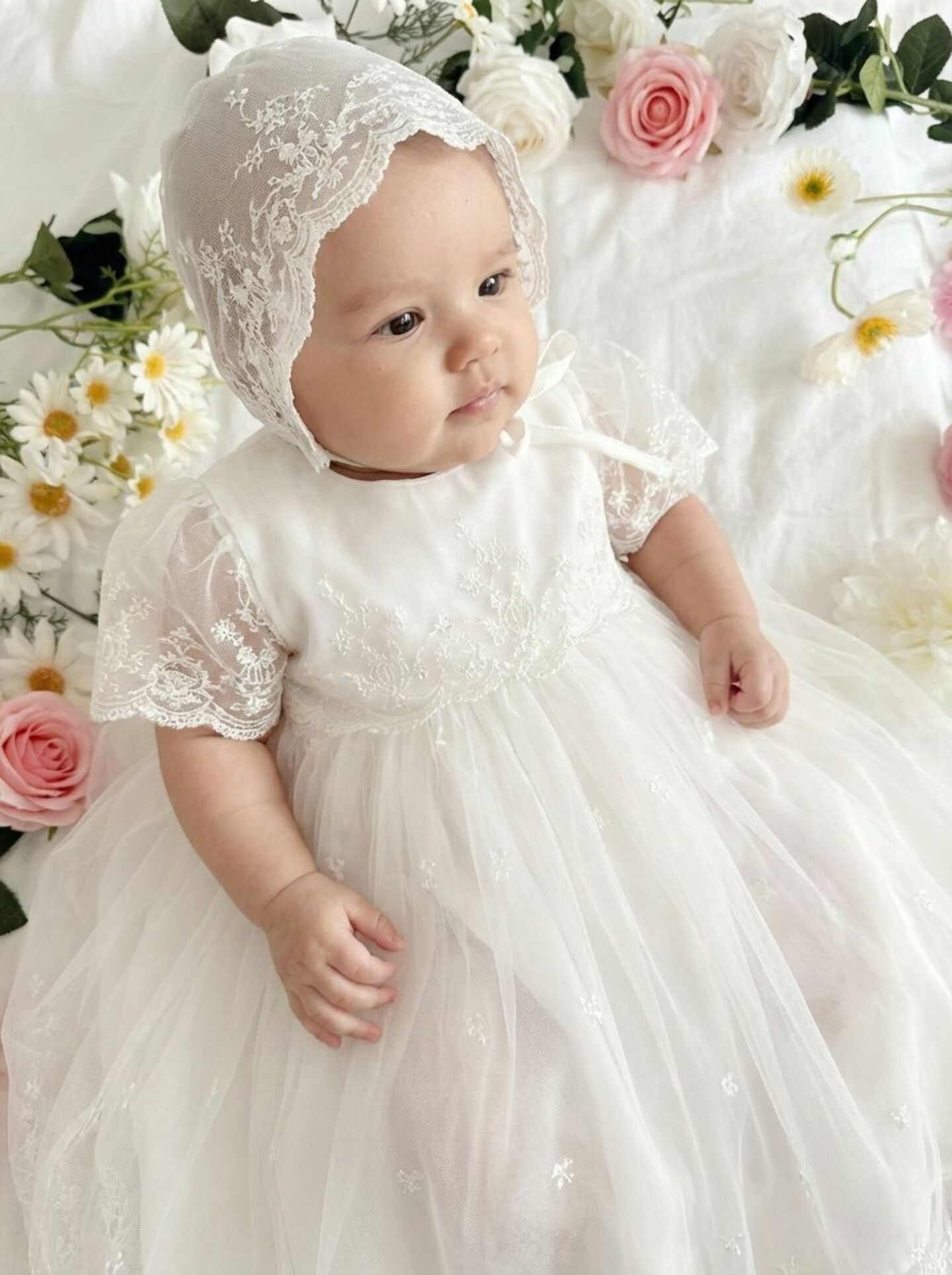 Judith White Lace Baby Christening Dress & Bonnet Set | Lucys