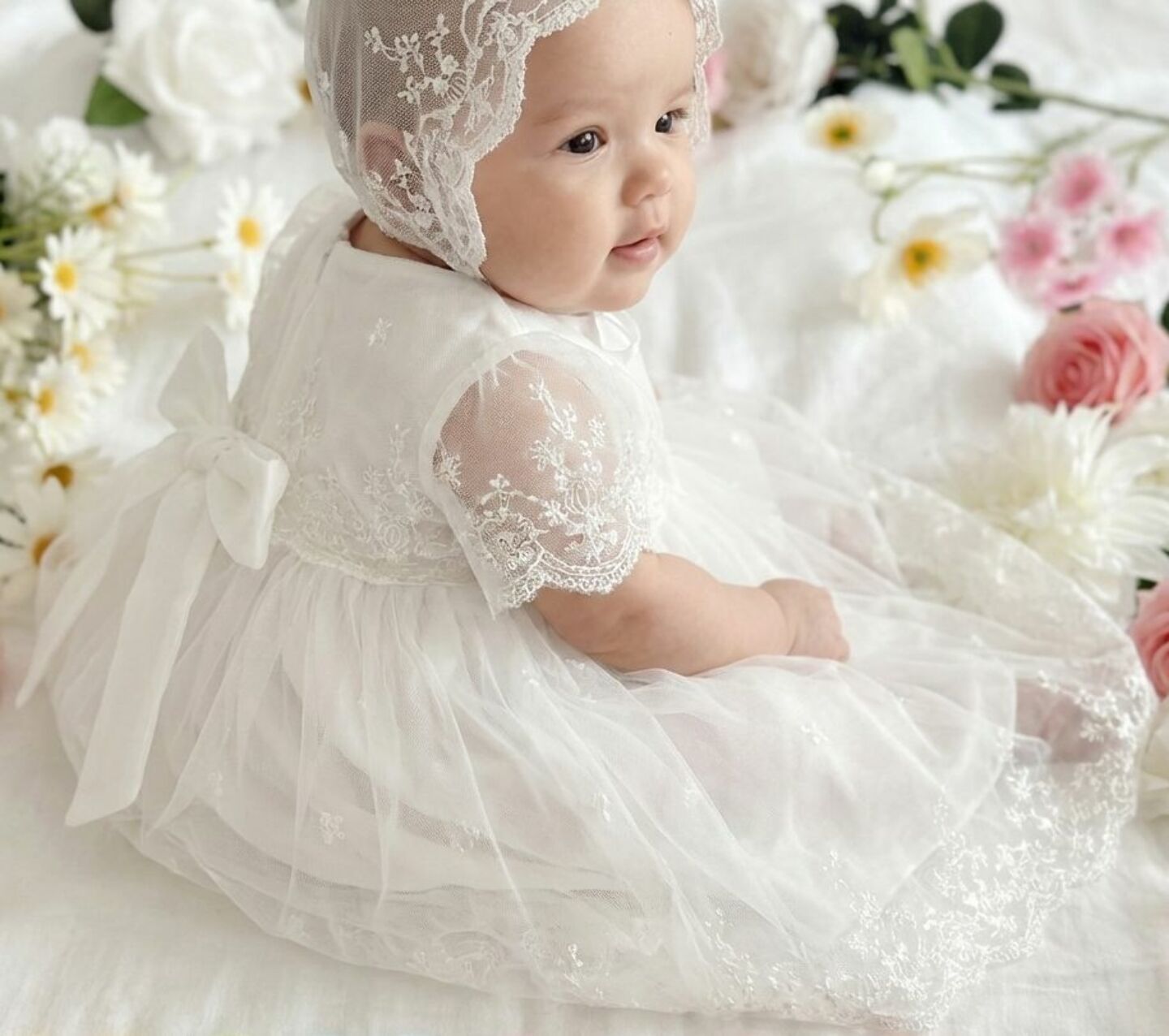 Judith White Lace Baby Christening Dress & Bonnet Set | Lucys