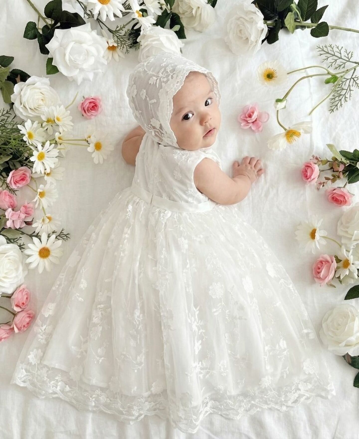 Judy White Sleeveless Baby Christening Dress & Bonnet Set | Lucys