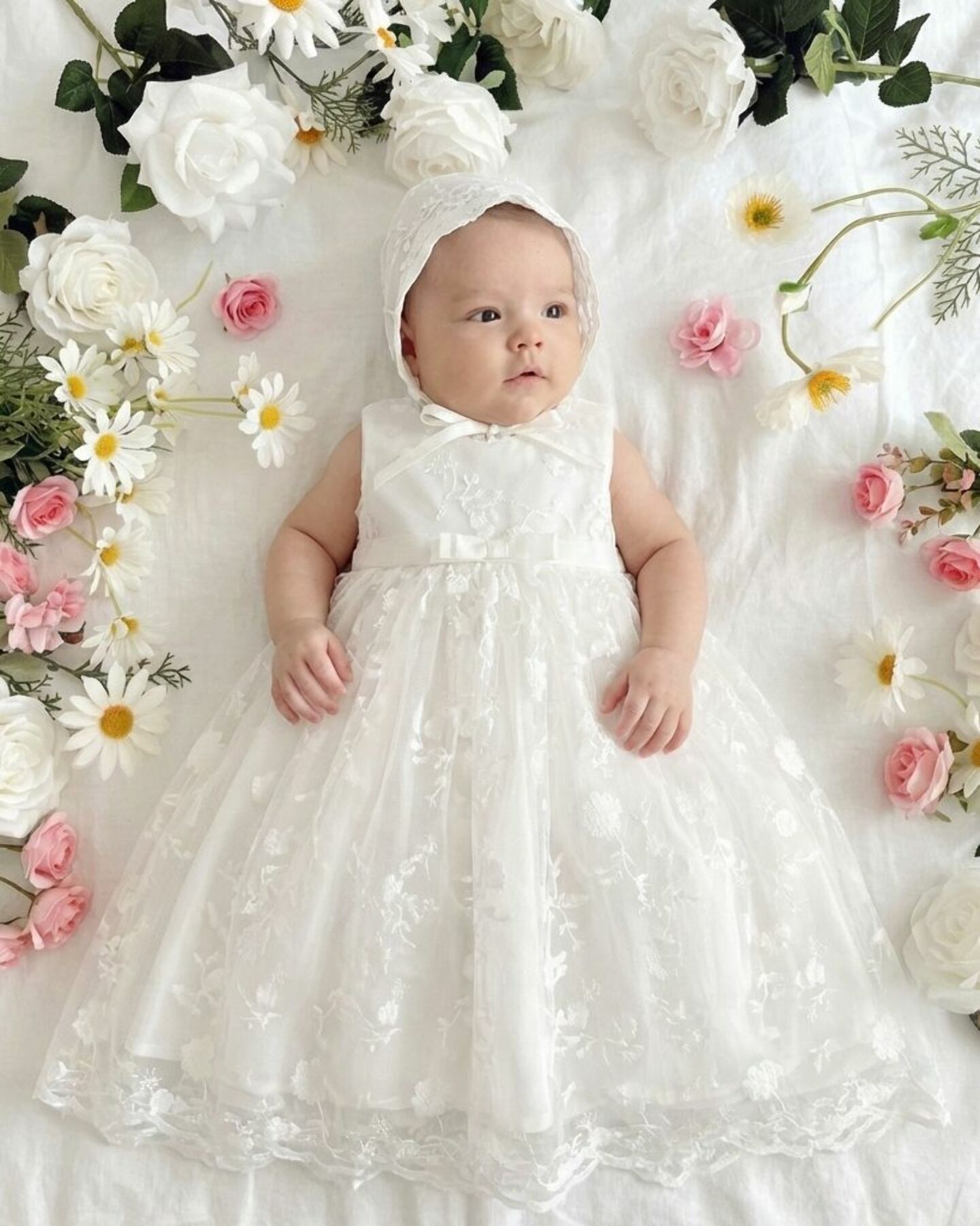 Judy White Sleeveless Baby Christening Dress & Bonnet Set | Lucys