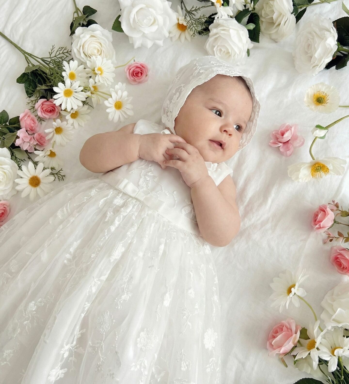 Judy White Sleeveless Baby Christening Dress & Bonnet Set | Lucys
