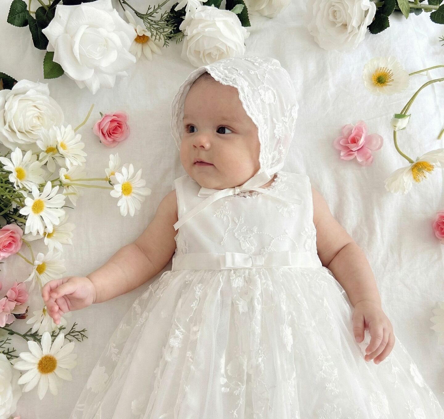 Judy White Sleeveless Baby Christening Dress & Bonnet Set | Lucys