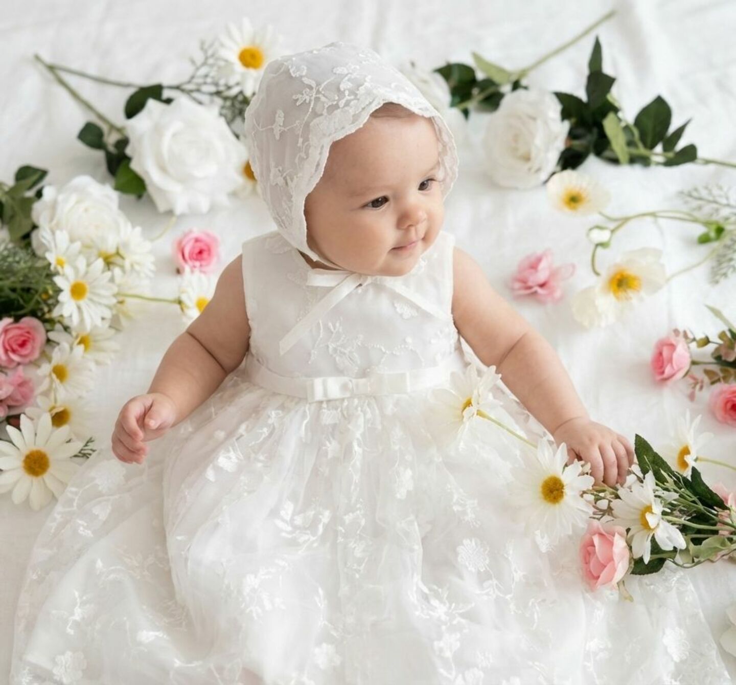 Judy White Sleeveless Baby Christening Dress & Bonnet Set | Lucys