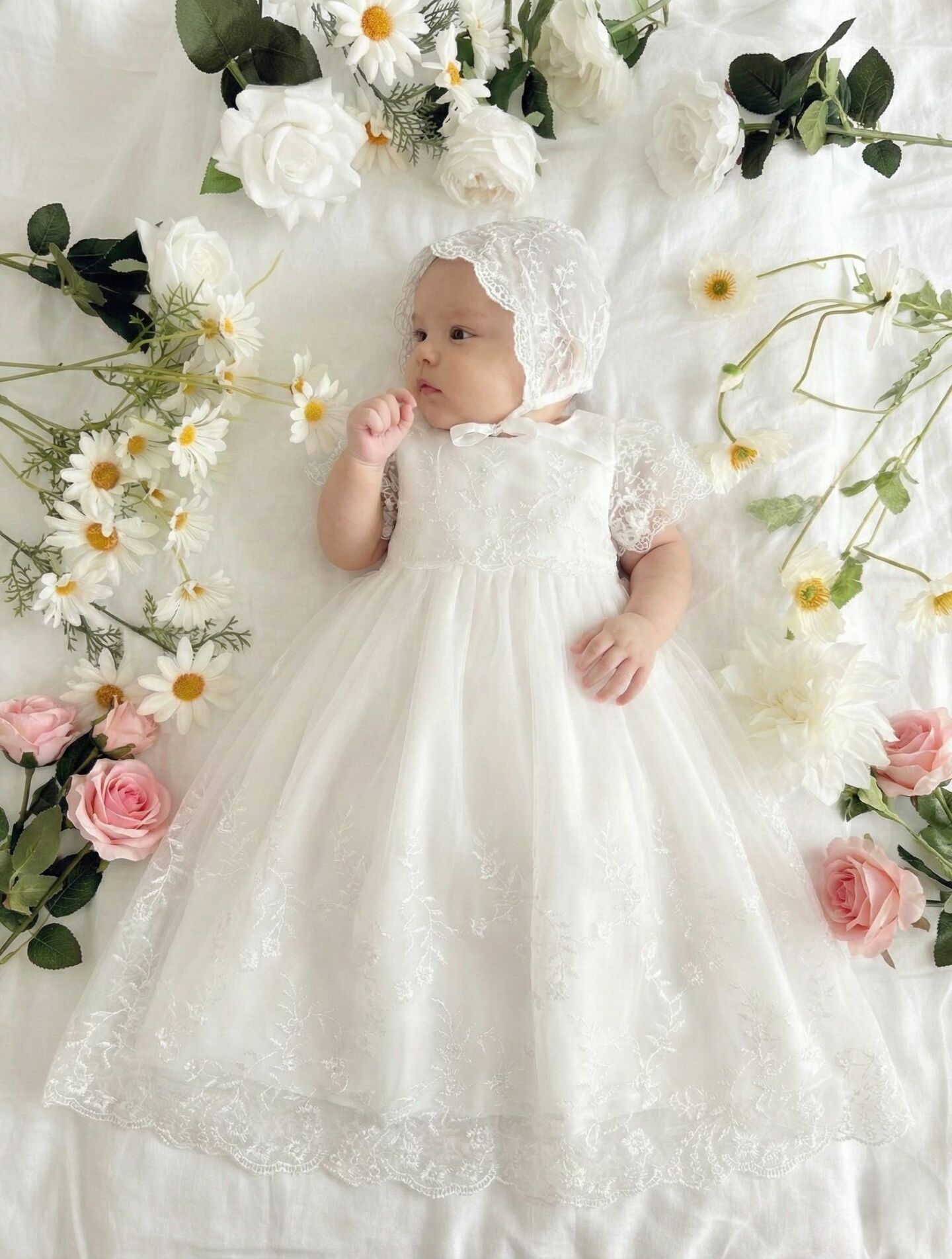 Joy White Lace Baby Christening Dress & Bonnet Set | Lucys