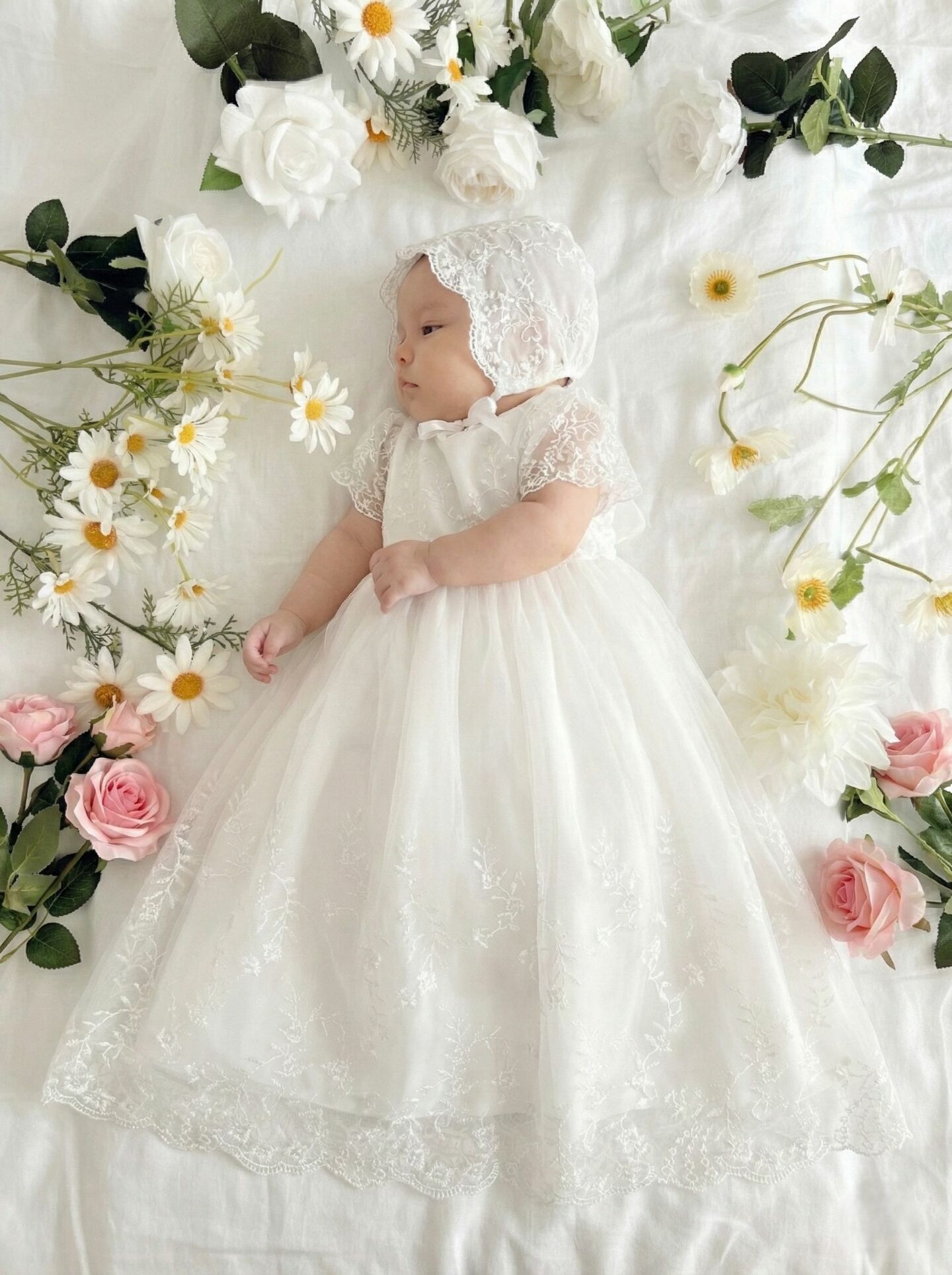 Joy White Lace Baby Christening Dress & Bonnet Set | Lucys