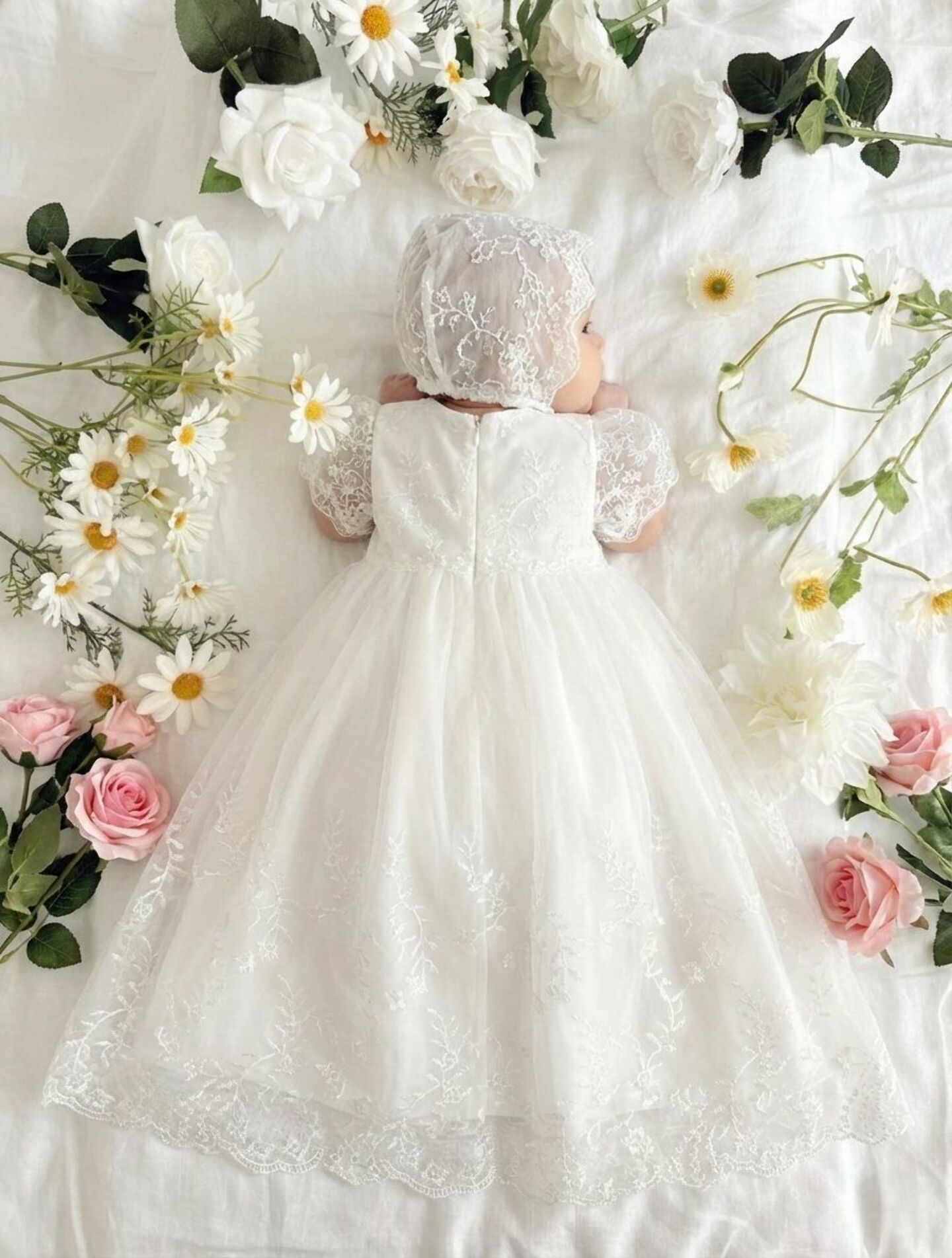 Joy White Lace Baby Christening Dress & Bonnet Set | Lucys