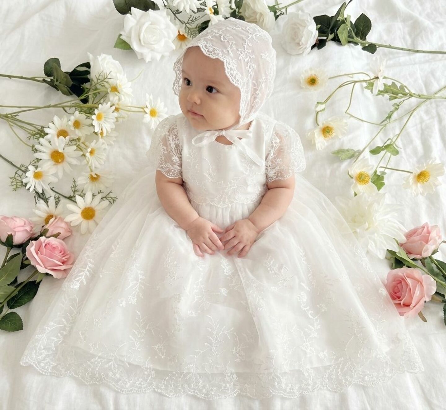 Joy White Lace Baby Christening Dress & Bonnet Set | Lucys