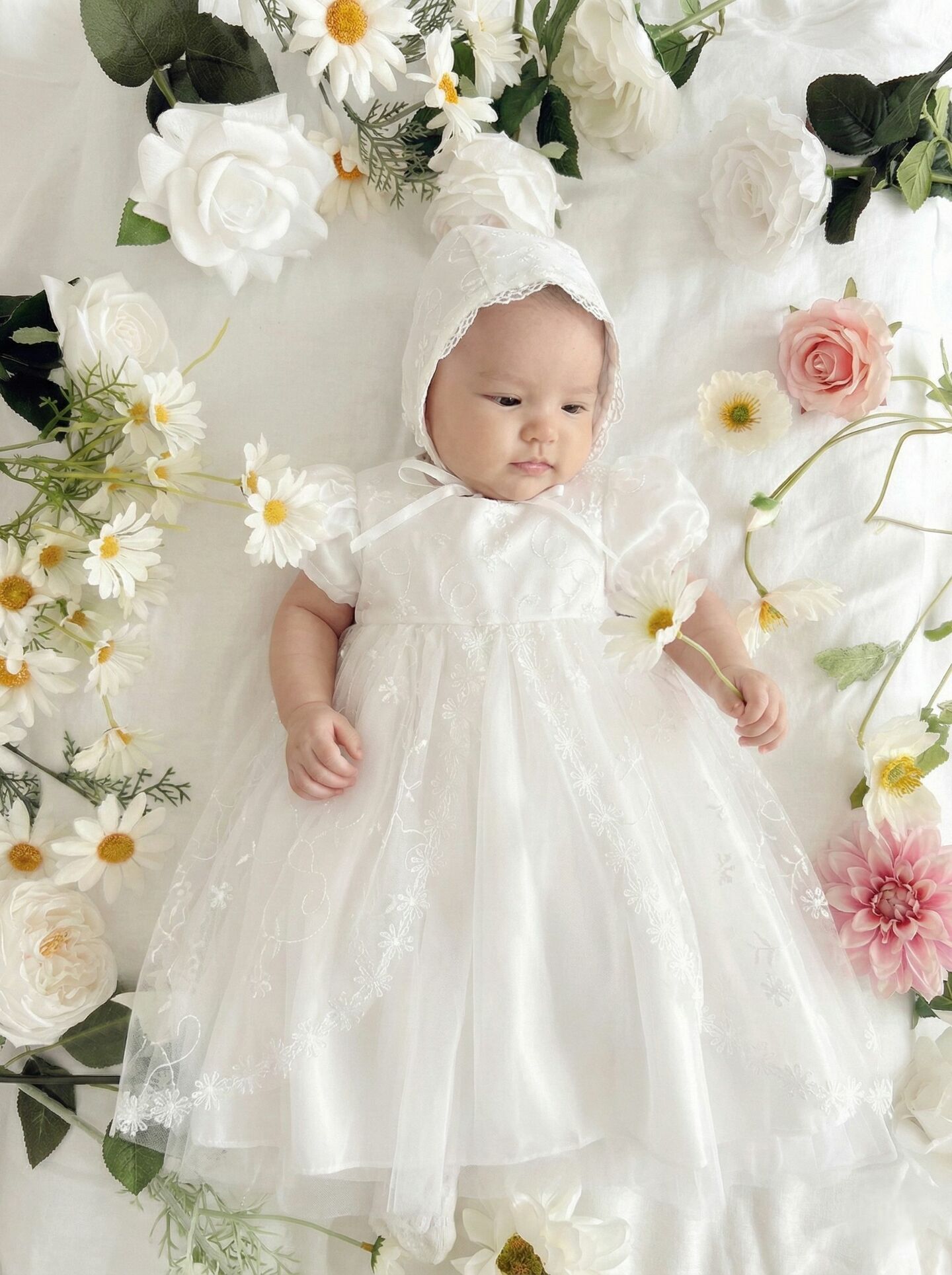 Jolie White Lace Baby Christening Dress & Bonnet Set | Lucys