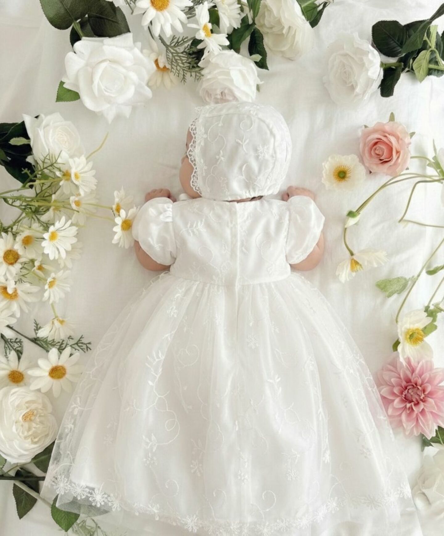 Jolie White Lace Baby Christening Dress & Bonnet Set | Lucys