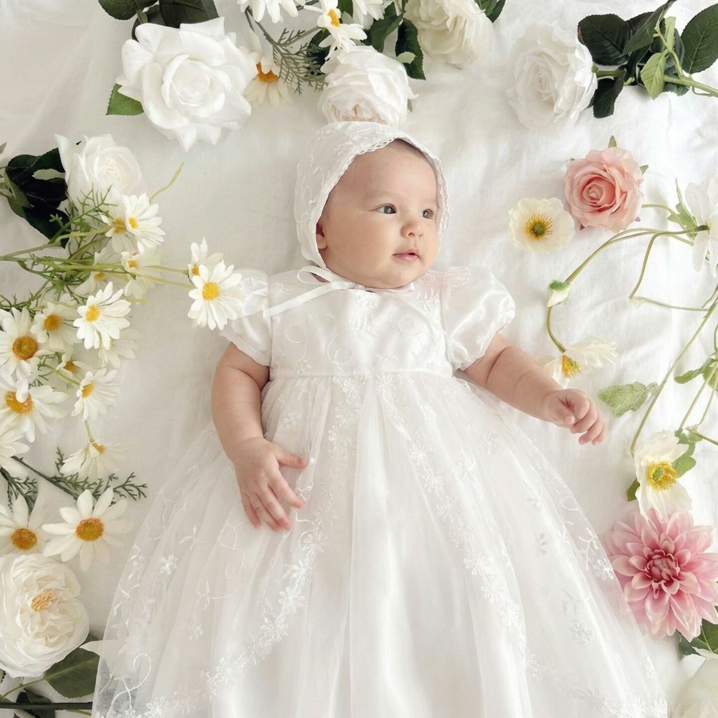 Jolie White Lace Baby Christening Dress & Bonnet Set | Lucys