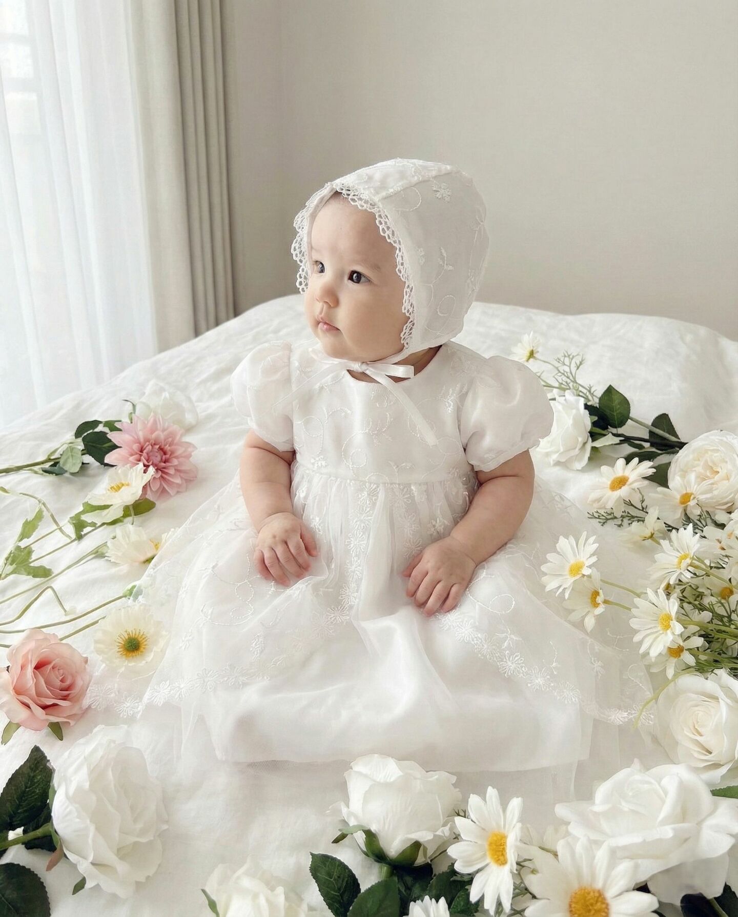 Jolie White Lace Baby Christening Dress & Bonnet Set | Lucys