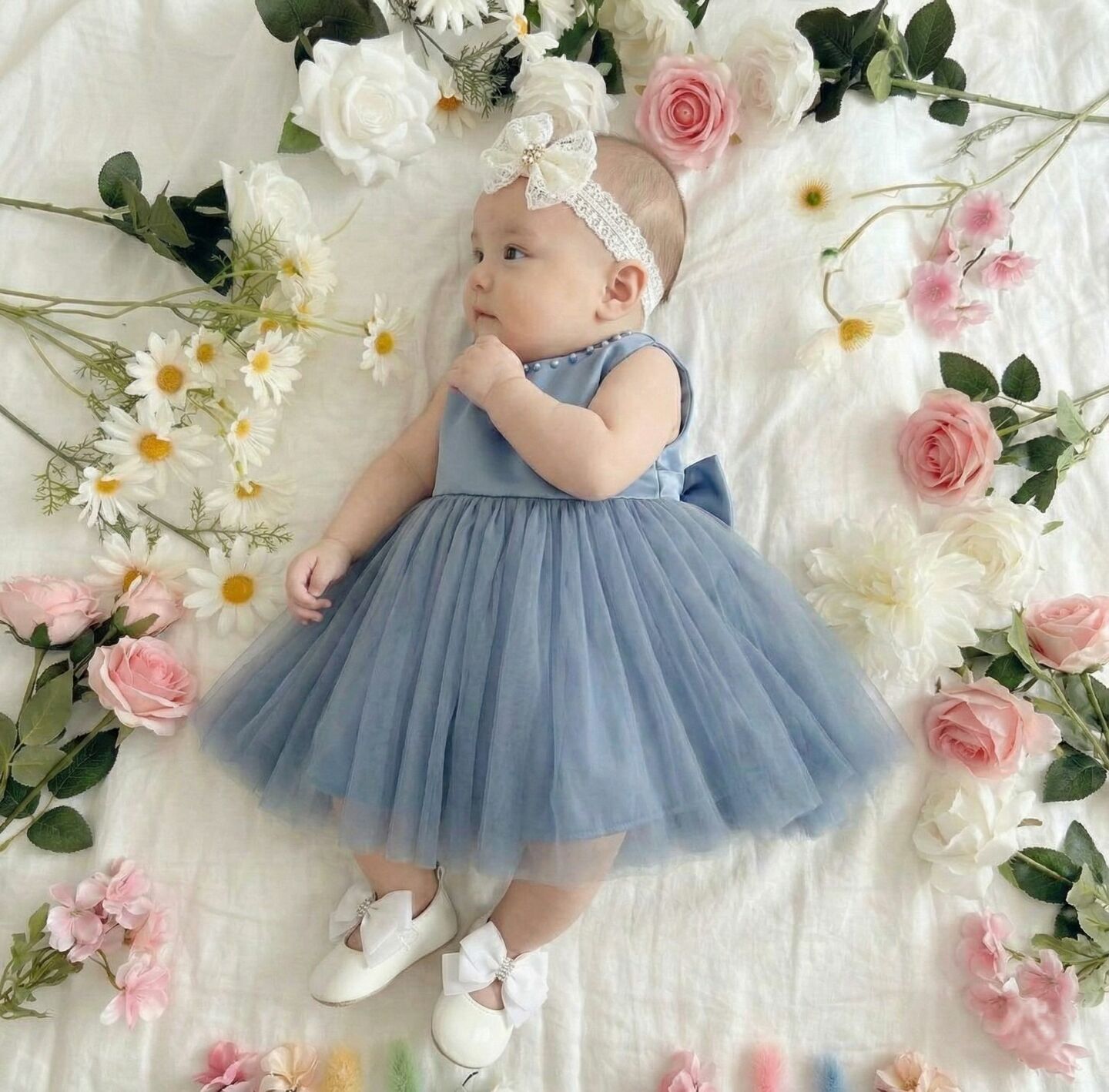 Aurelia Dusty Blue Pearl Trim Baby Flower Girl Bridesmaid Dress | Lucys