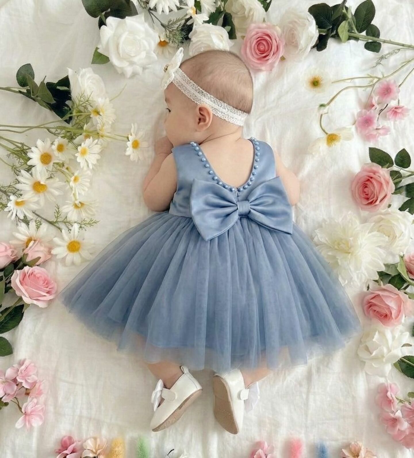 Aurelia Dusty Blue Pearl Trim Baby Flower Girl Bridesmaid Dress | Lucys