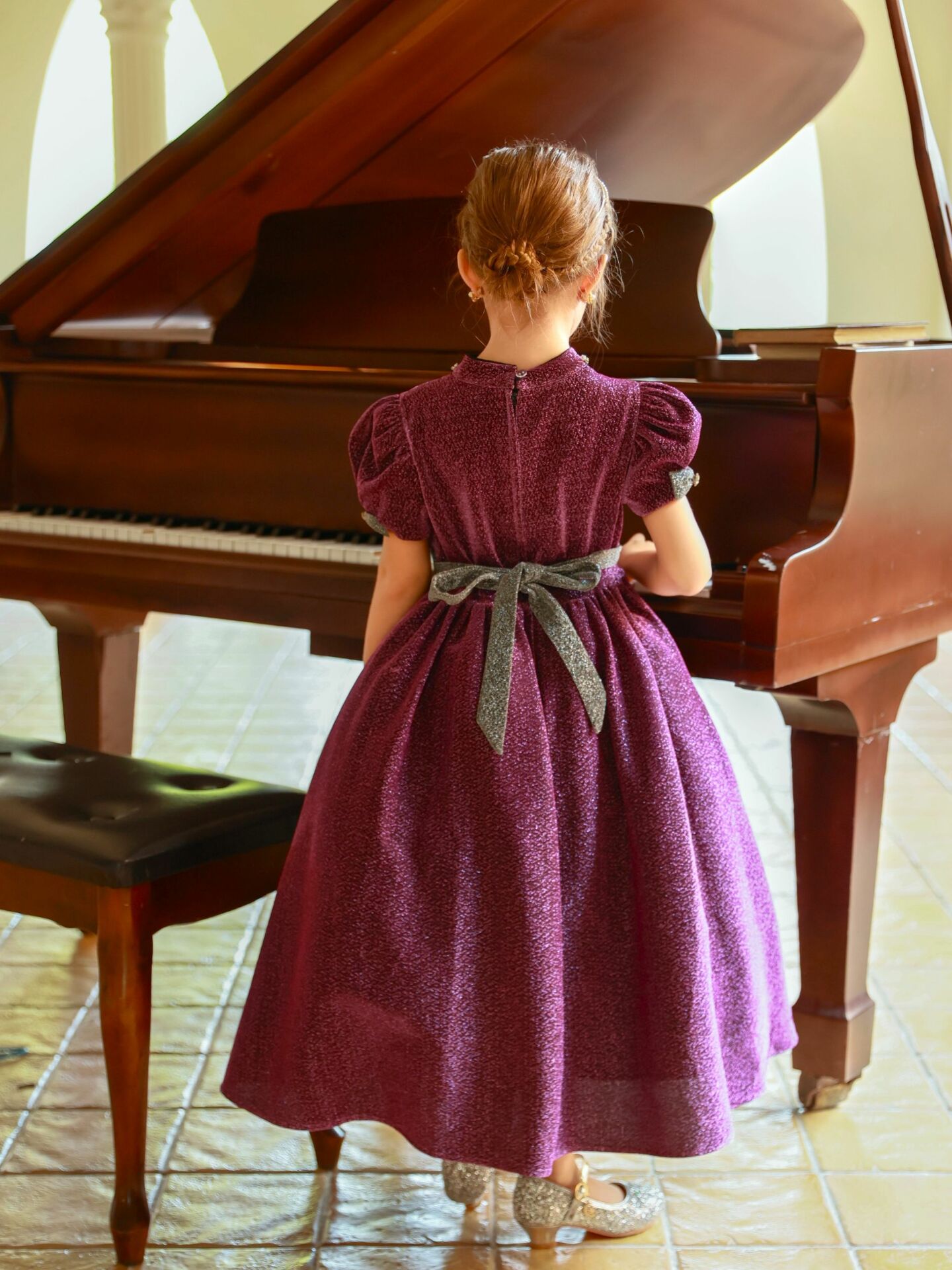 Julia Plum Glitter Sweetheart Short Sleeve Girls Formal Dress - Nimble | Lucy's