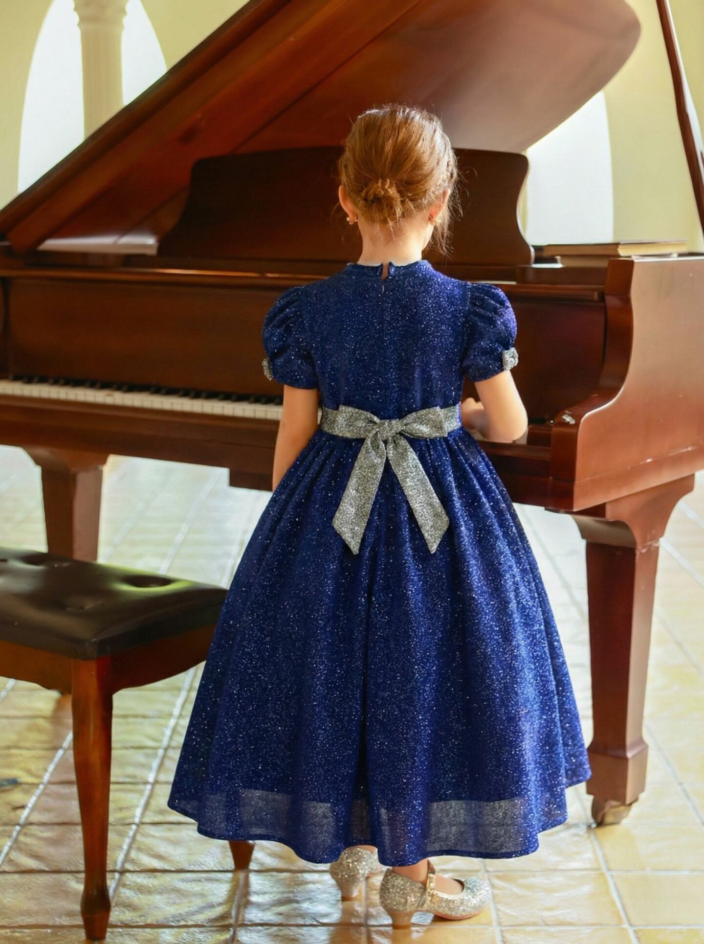 Julia Navy Glitter Sweetheart Short Sleeve Girls Formal Dress - Nimble | Lucy's