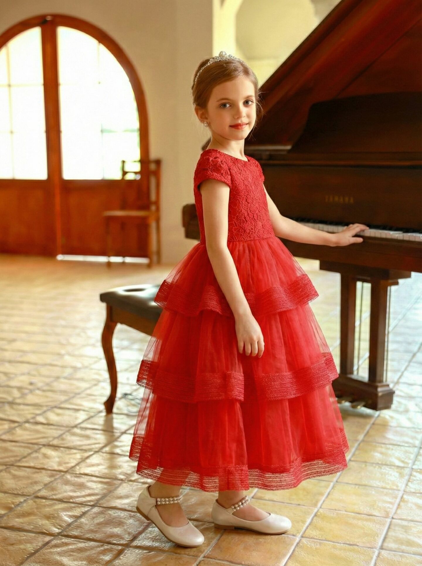 Mandy Red Floral Lace Bodice 3-Tier Tulle Girls Formal Dress - Nimble | Lucy's
