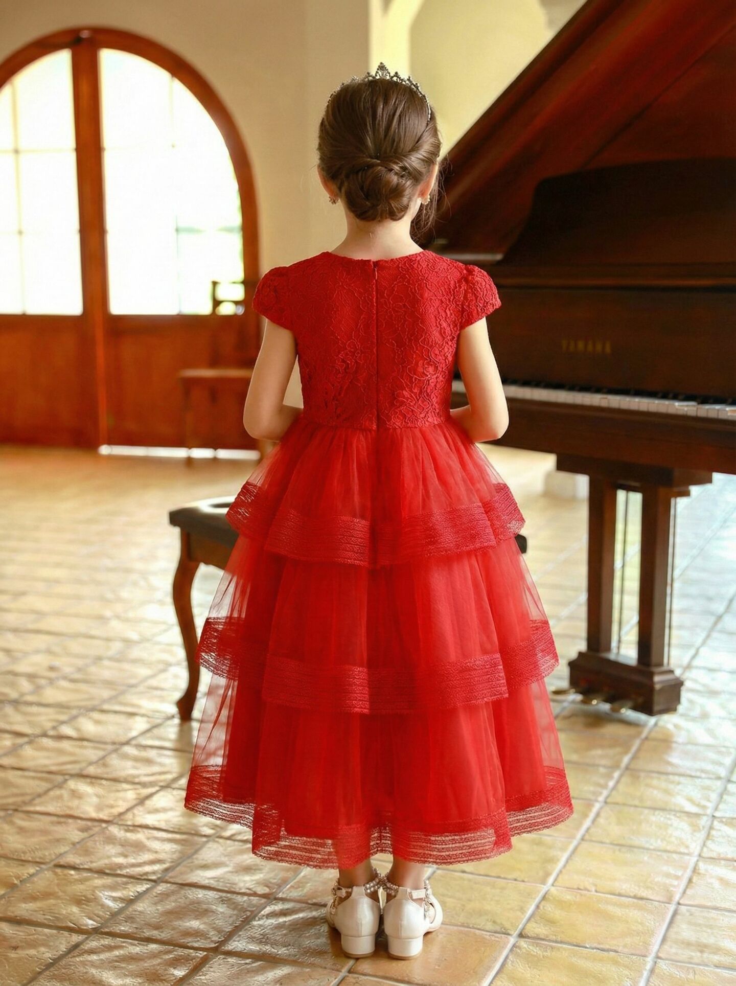 Mandy Red Floral Lace Bodice 3-Tier Tulle Girls Formal Dress - Nimble | Lucy's