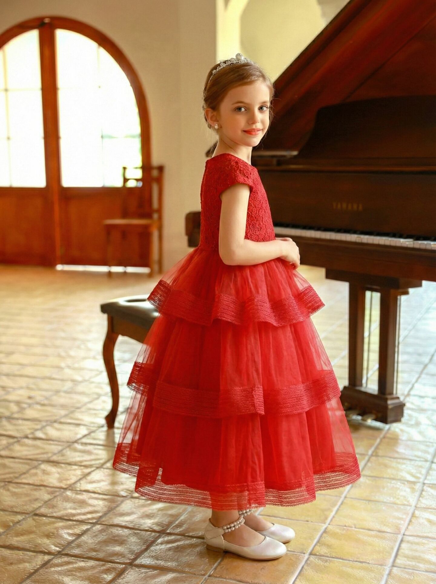 Mandy Red Floral Lace Bodice 3-Tier Tulle Girls Formal Dress - Nimble | Lucy's