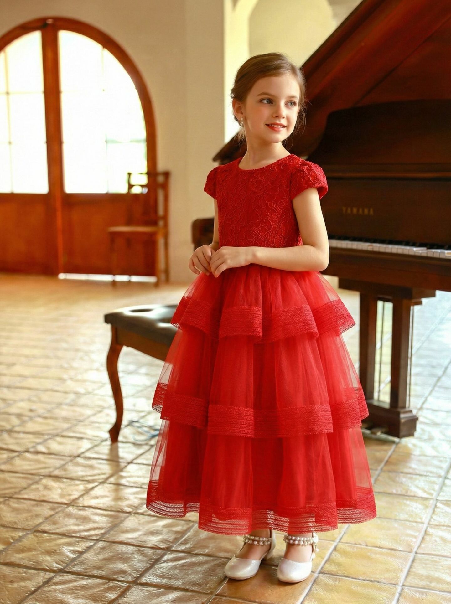 Mandy Red Floral Lace Bodice 3-Tier Tulle Girls Formal Dress - Nimble | Lucy's