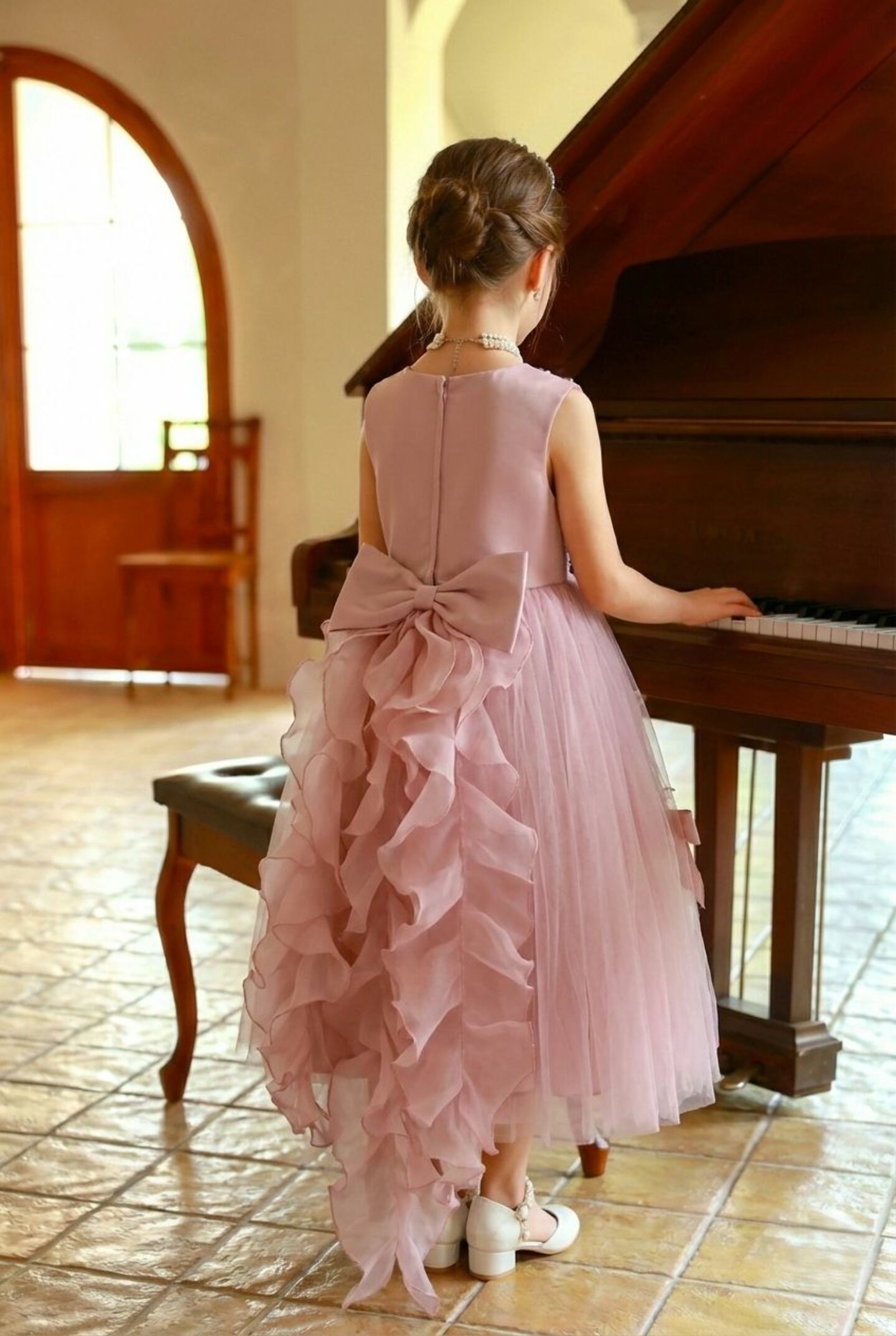 Gina Dusty Pink Pearl Embroidered Tulle Girls Formal Dress with Removable Ruffle Bow - Nimble | Lucys