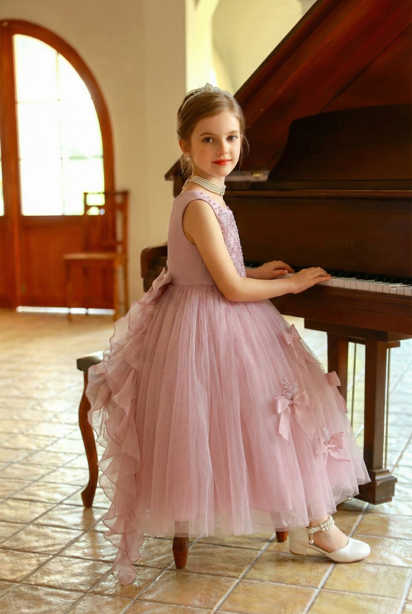 Gina Dusty Pink Pearl Embroidered Tulle Girls Formal Dress with Removable Ruffle Bow - Nimble | Lucys