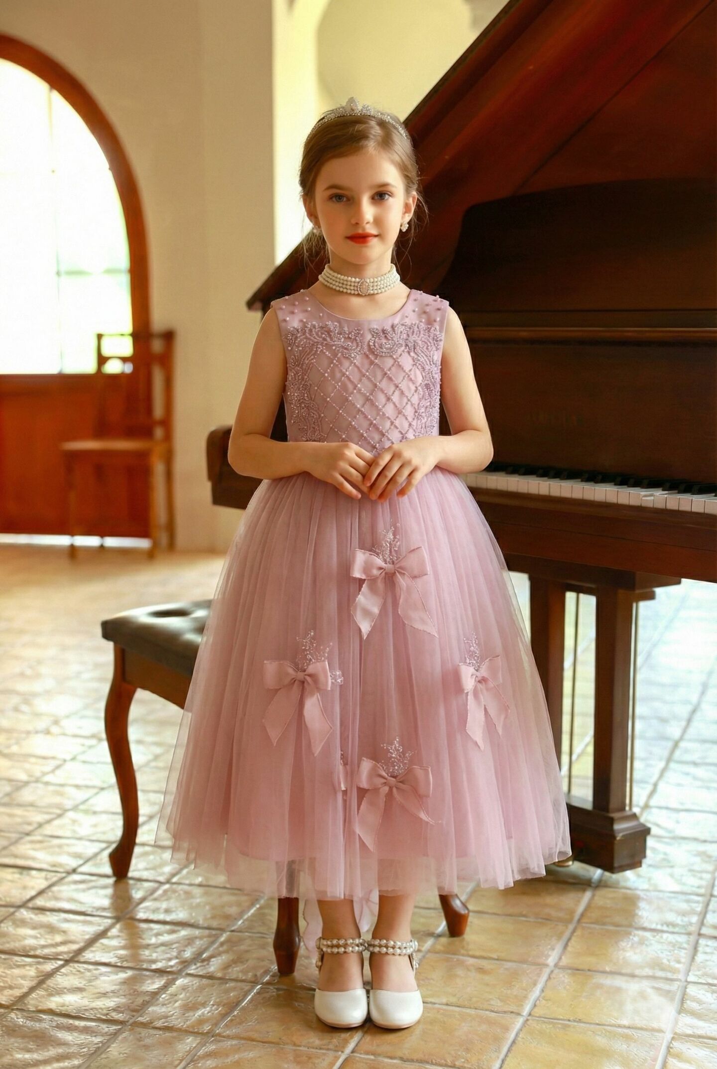 Gina Dusty Pink Pearl Embroidered Tulle Girls Formal Dress with Removable Ruffle Bow - Nimble | Lucys