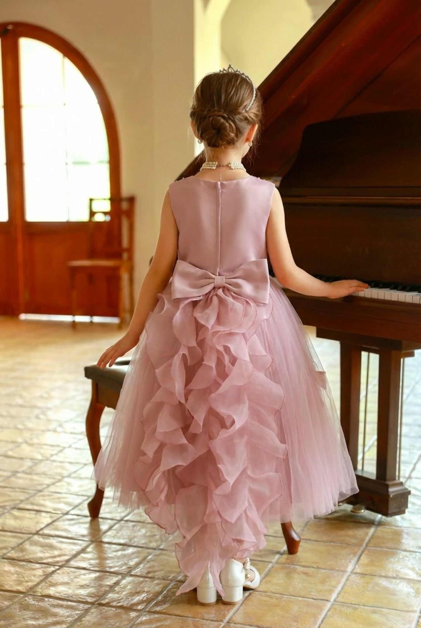 Gina Dusty Pink Pearl Embroidered Tulle Girls Formal Dress with Removable Ruffle Bow - Nimble | Lucys