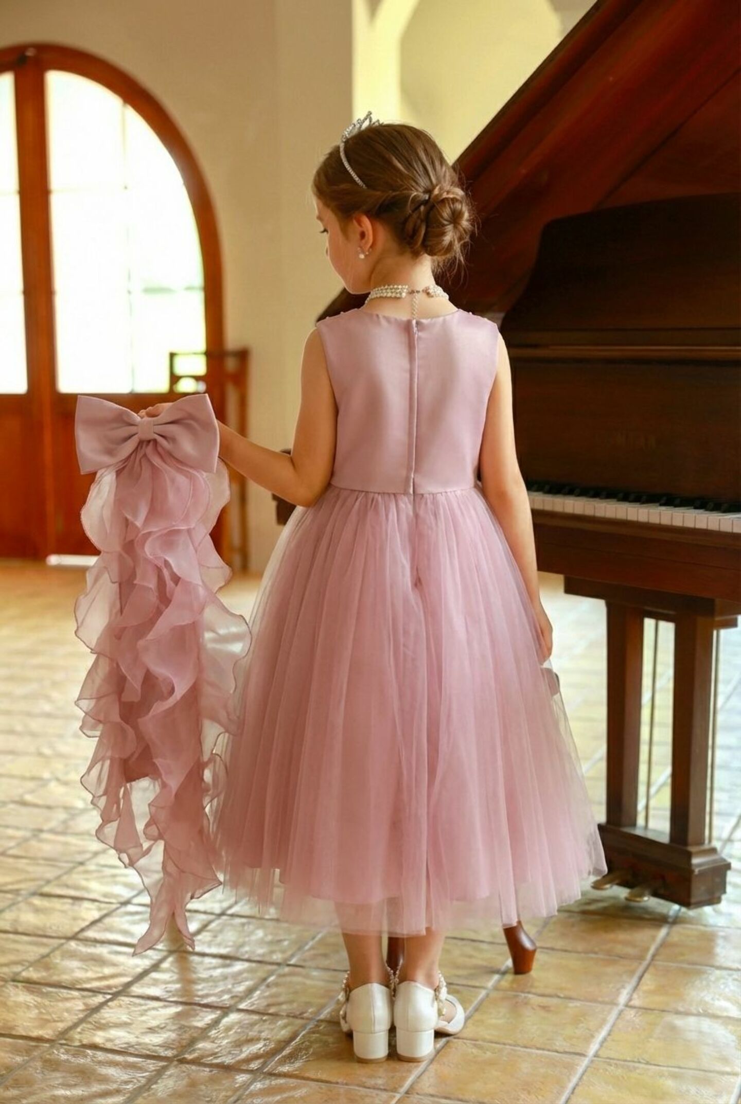 Gina Dusty Pink Pearl Embroidered Tulle Girls Formal Dress with Removable Ruffle Bow - Nimble | Lucys