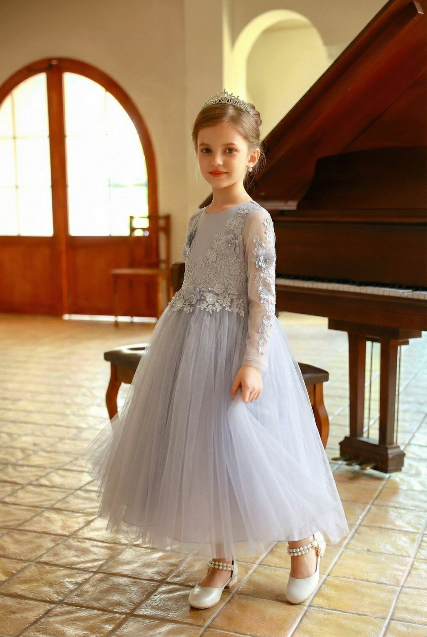 Ina Grey 3D Floral Lace Long Sleeve Girls Formal Dress - Nimble | Lucy's