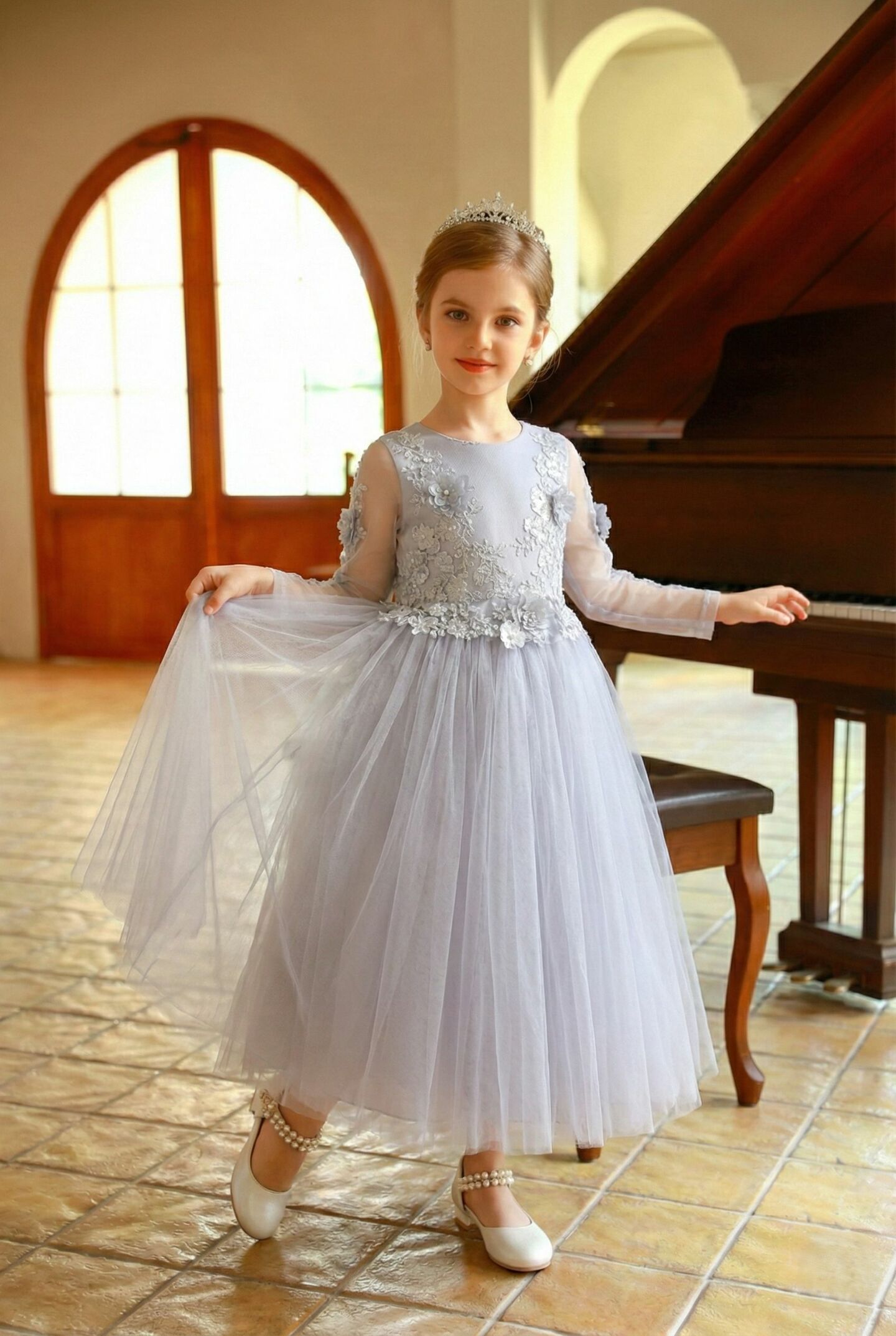 Ina Grey 3D Floral Lace Long Sleeve Girls Formal Dress - Nimble | Lucy's