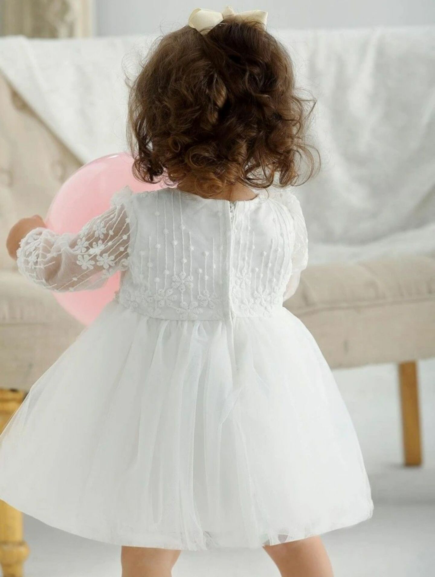 Rachel White Lace Long Sleeve Baby Party Dress | Lucy's