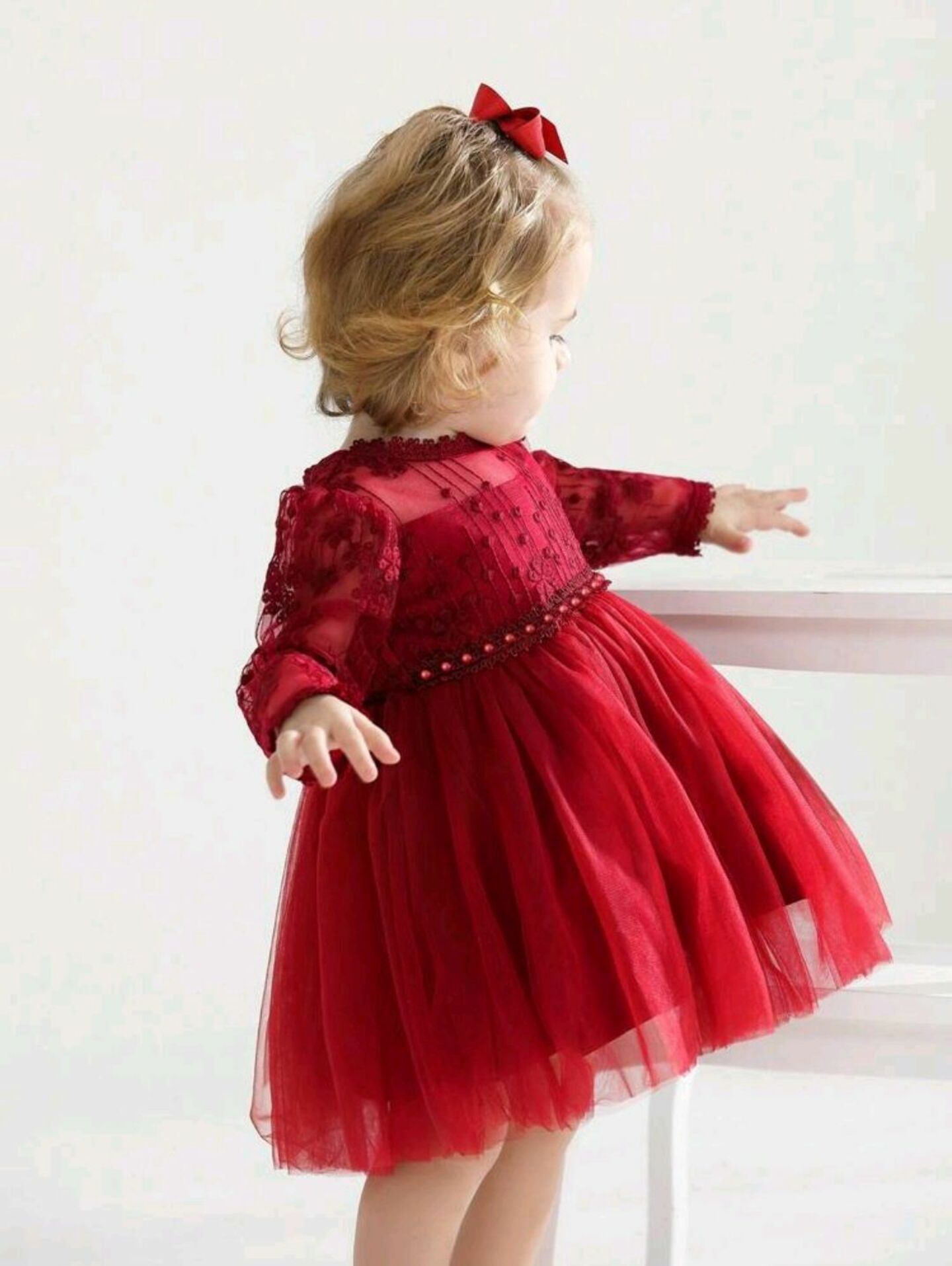 Rachel Maroon Lace Long Sleeve Baby Party Dress | Lucy's