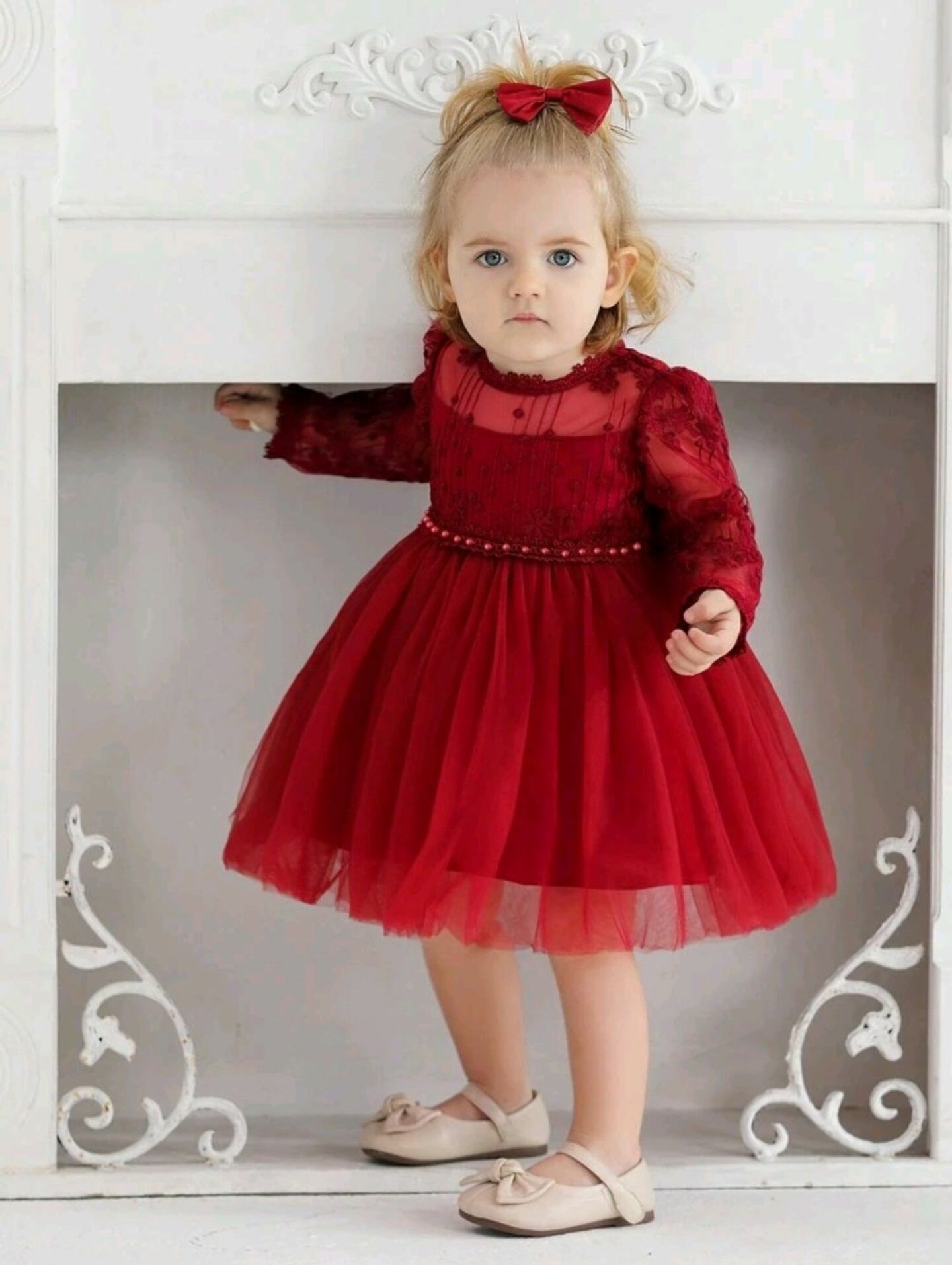 Rachel Maroon Lace Long Sleeve Baby Party Dress | Lucy's