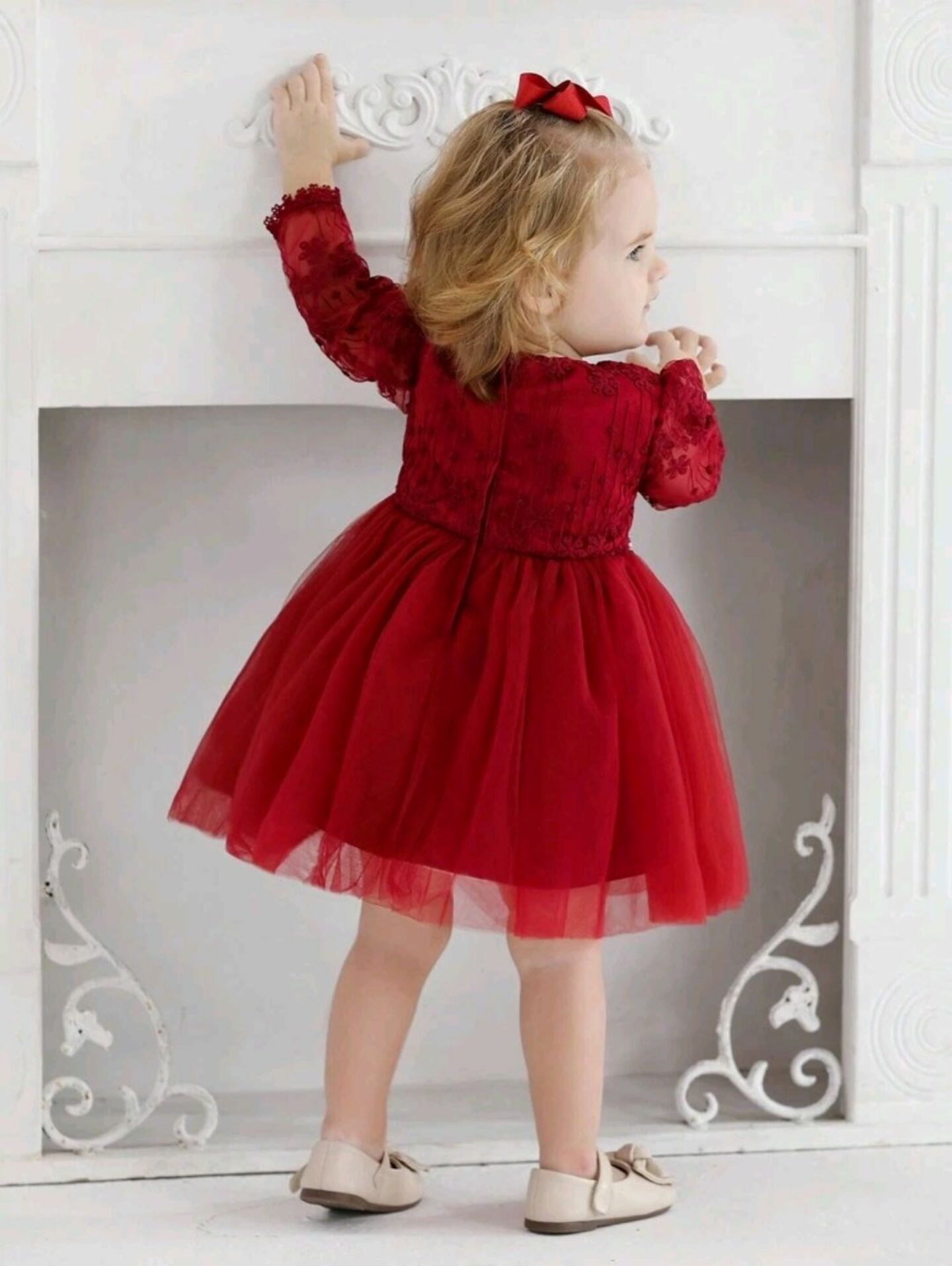 Rachel Maroon Lace Long Sleeve Baby Party Dress | Lucy's