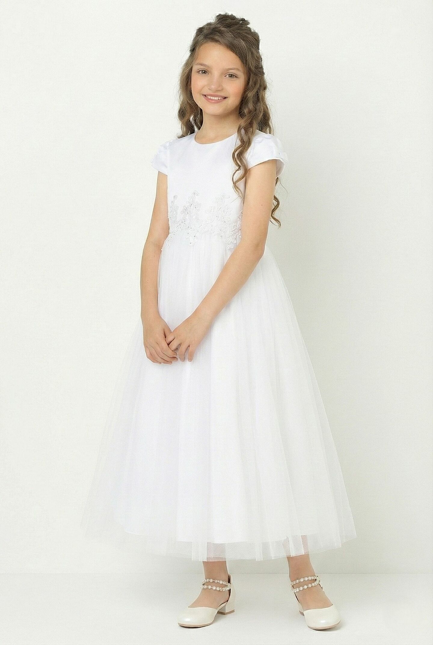 Elizabeth Pure White Satin Cap Sleeve Flower Girl Dress with Beaded Lace Waist | Lucys