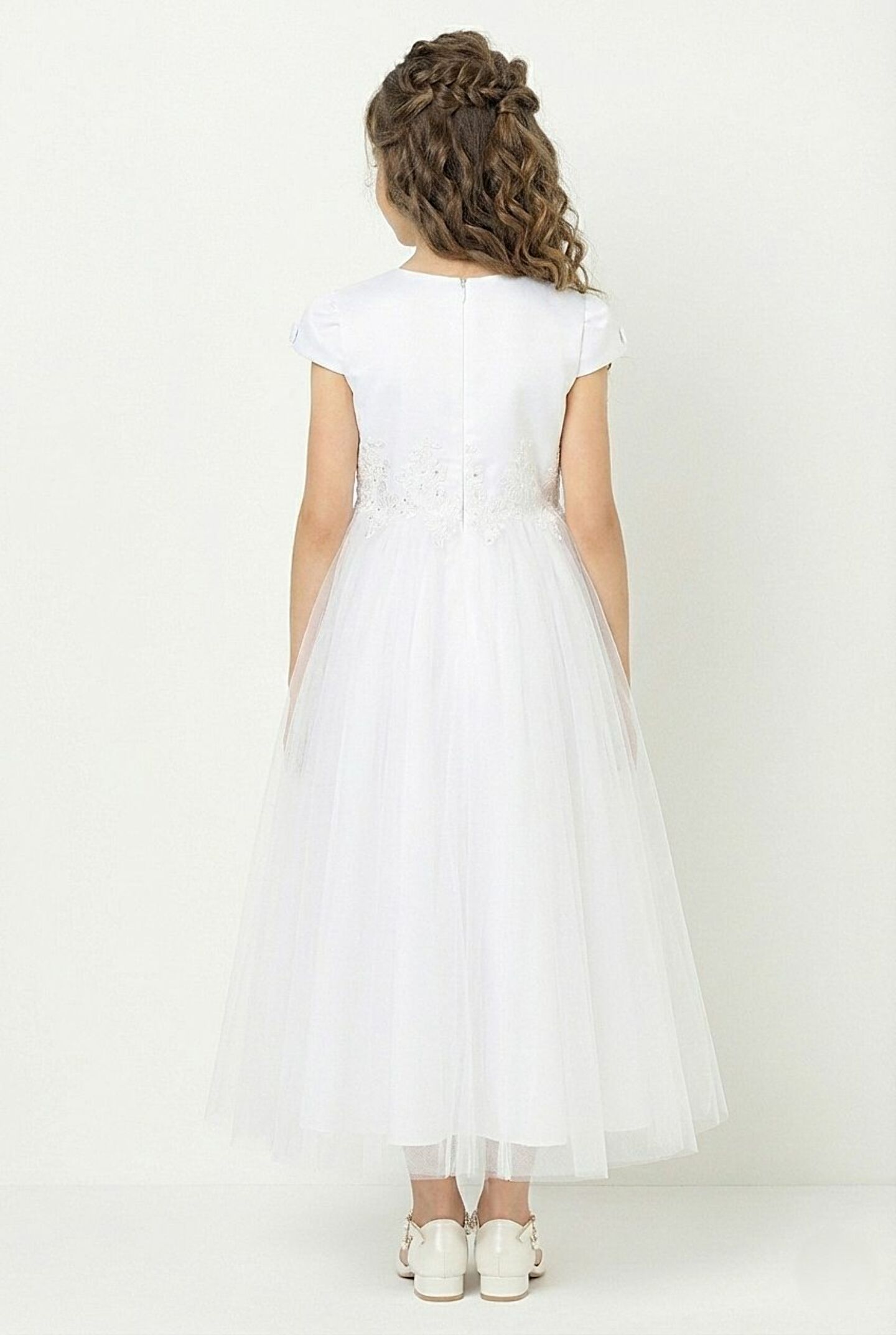 Elizabeth Pure White Satin Cap Sleeve Flower Girl Dress with Beaded Lace Waist | Lucys