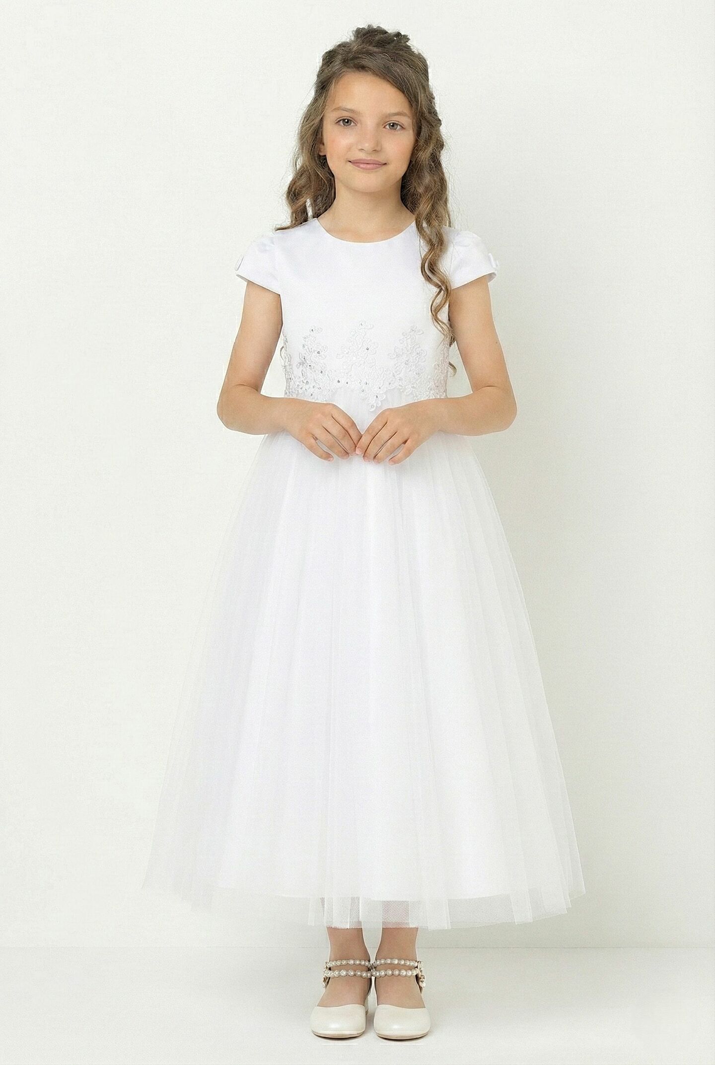Elizabeth Pure White Satin Cap Sleeve Flower Girl Dress with Beaded Lace Waist | Lucys