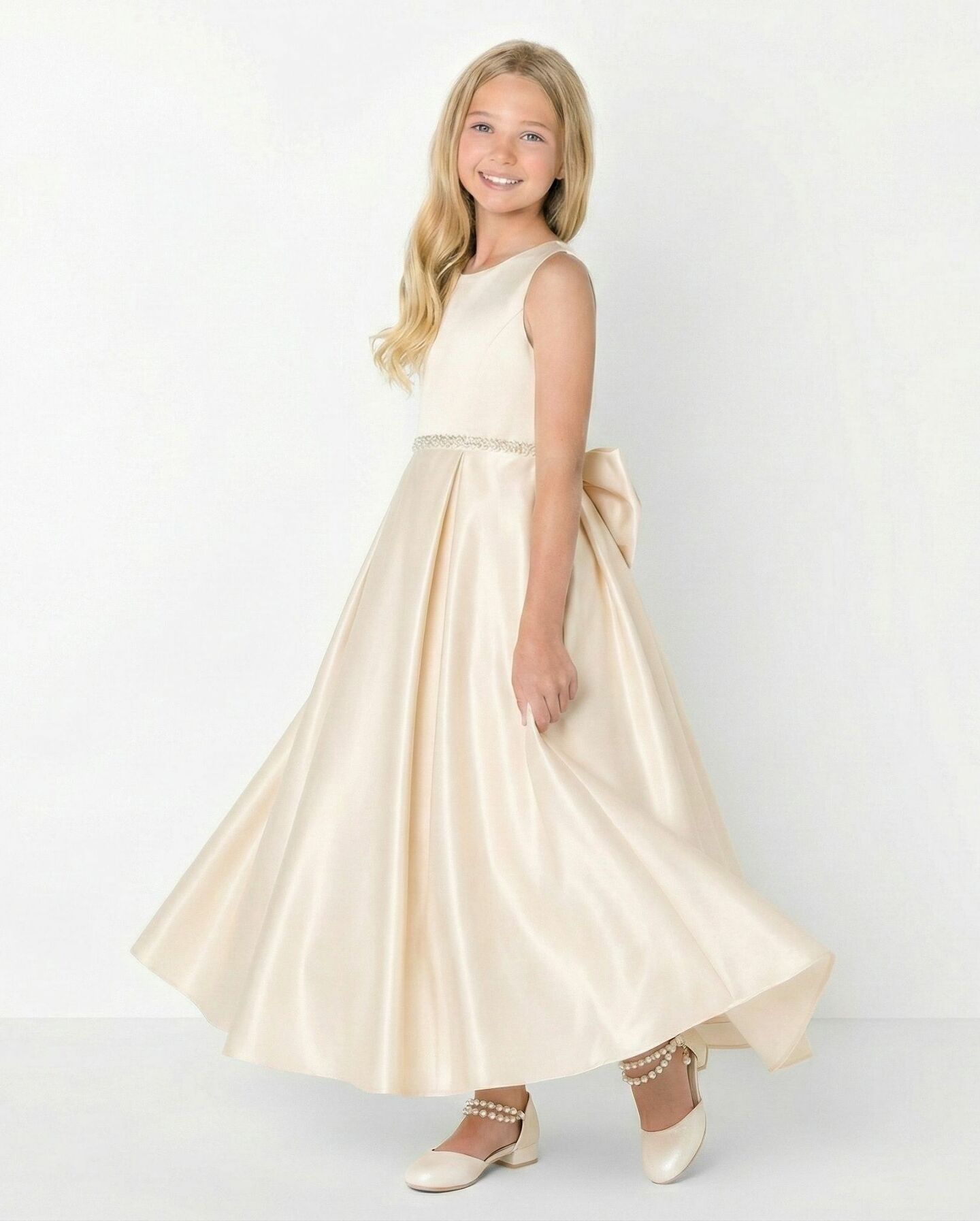 Evelyn Champagne Satin Sleeveless Girls Formal Dress with Crystal Waist & Oversized Back Bow | Lucys