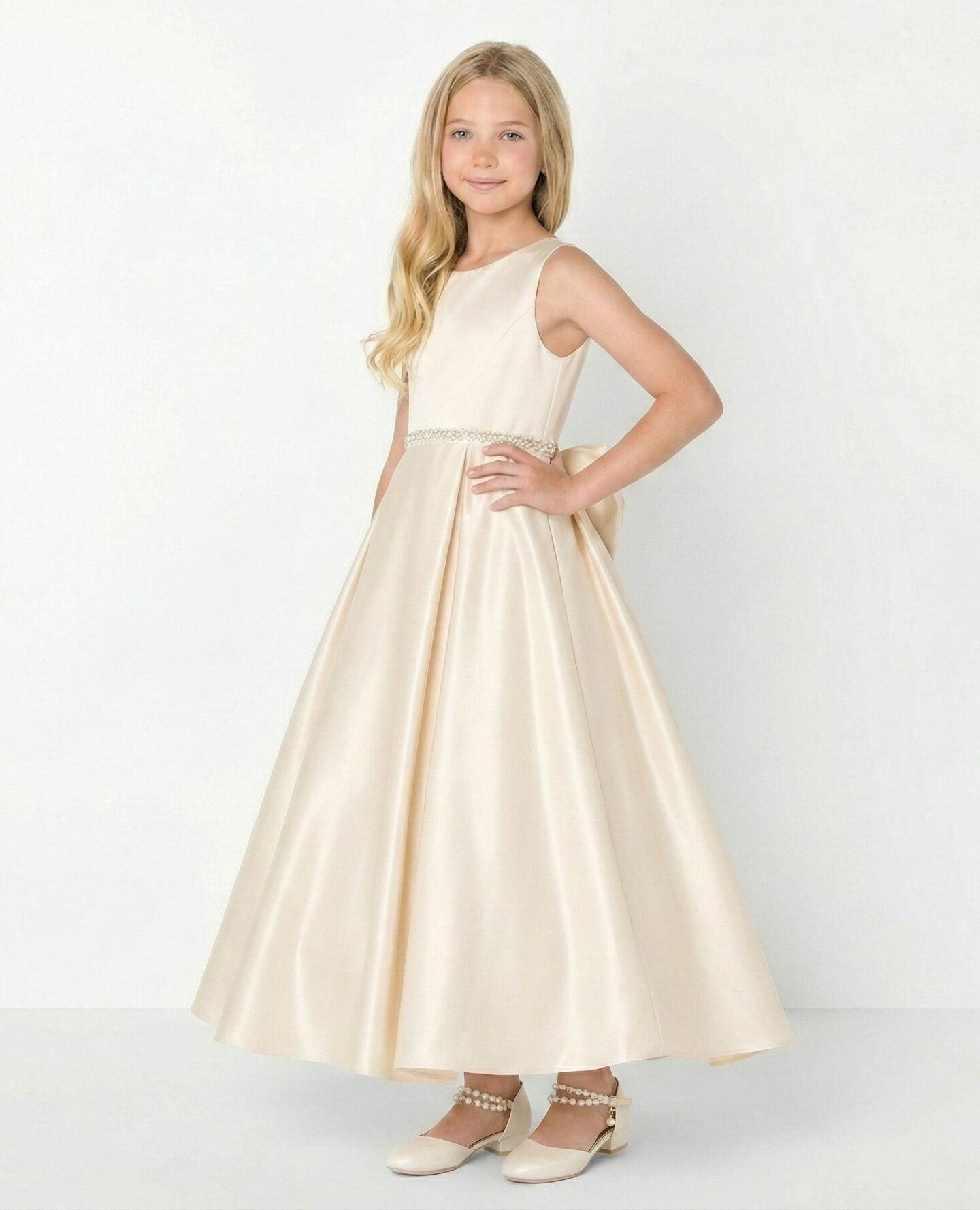 Evelyn Champagne Satin Sleeveless Girls Formal Dress with Crystal Waist & Oversized Back Bow | Lucys