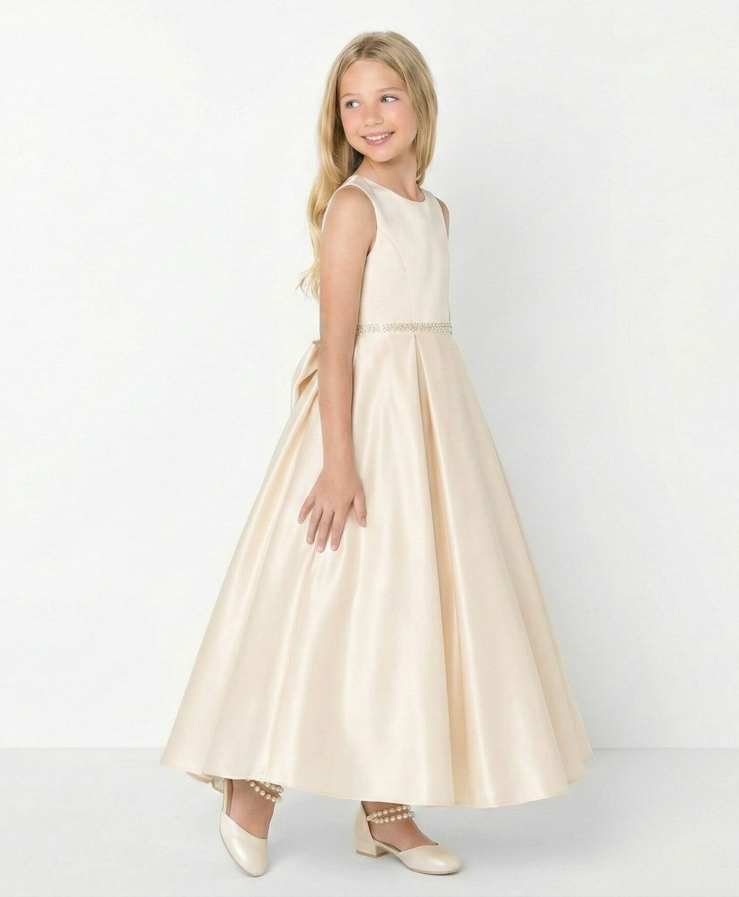 Evelyn Champagne Satin Sleeveless Girls Formal Dress with Crystal Waist & Oversized Back Bow | Lucys